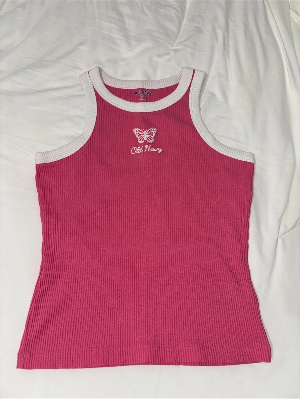 Old Navy Hot Pink Ribbed Tank with White Trim & Butterfly Embroidery